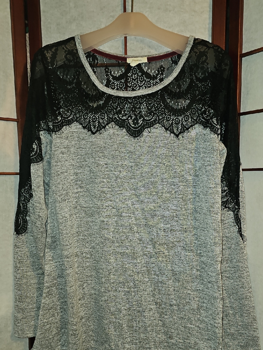 Maurices Gray Knit Top with Black Lace Yoke